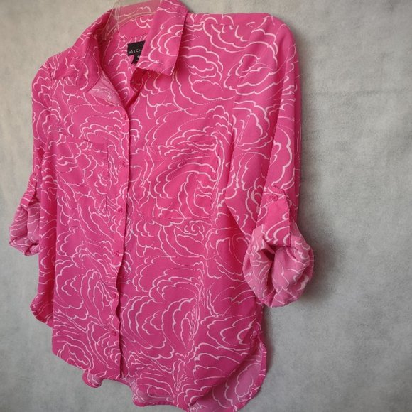 Attention Button Down Blouse Pink White Size Medium Long Sleeve EUC - Picture 2 of 11